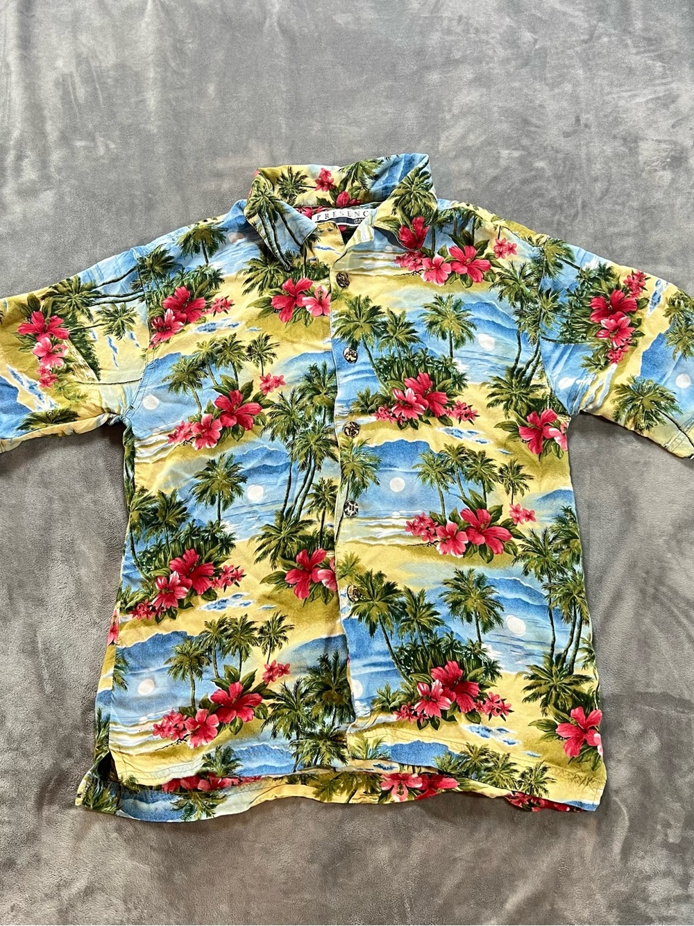 Vintage Hawaiian Tropical Floral Short-Sleeve Button-Up Shirt - Yellow/Blue